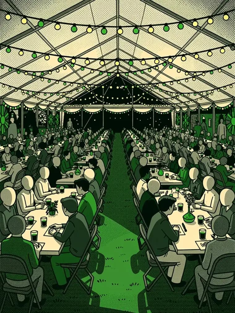 A busy festival tent in the evening