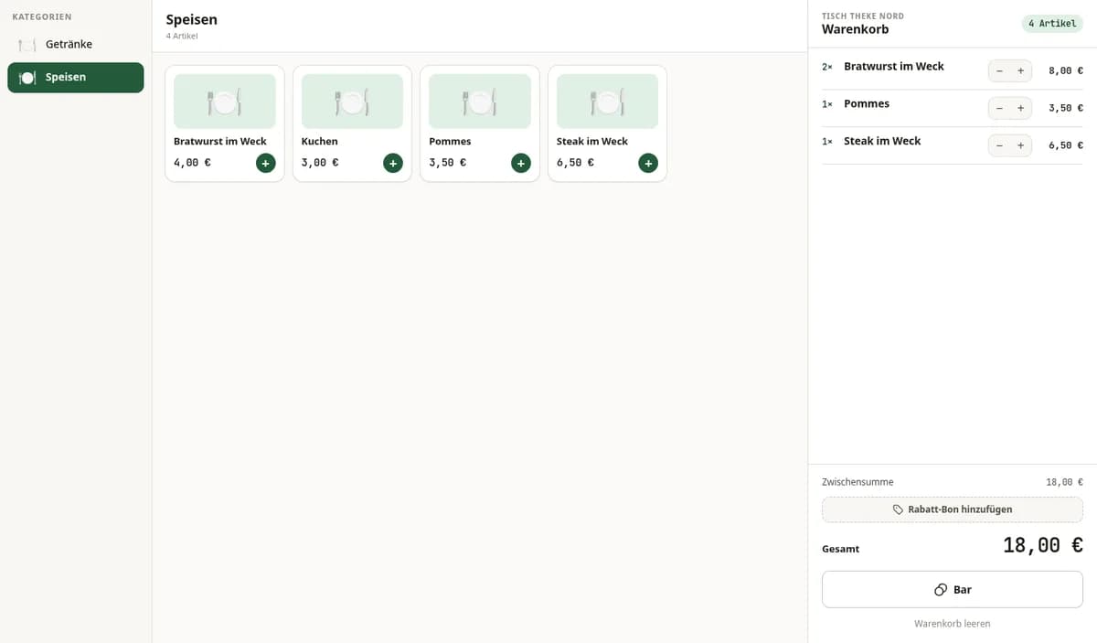 Till interface showing products and a filled basket